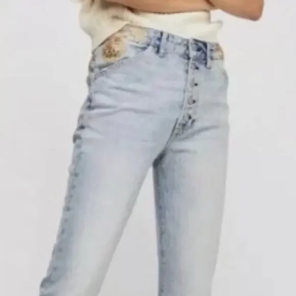 Free People Novelty Embellished Beaded Sequins Button Fly Straight Jeans - Picture 3 of 16